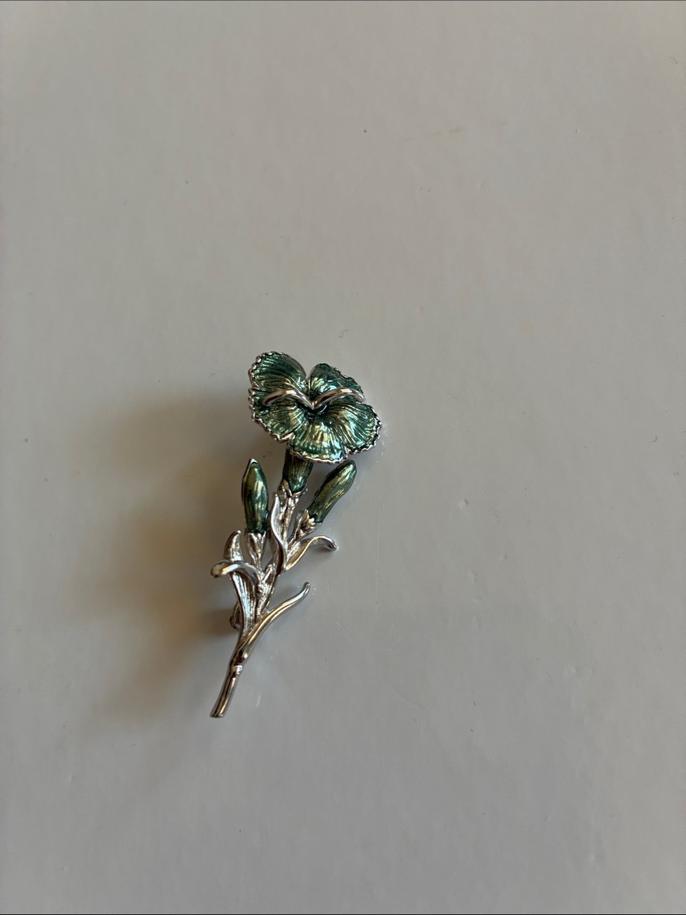 Vintage Silver Tone & Green Enamel Flower Brooch